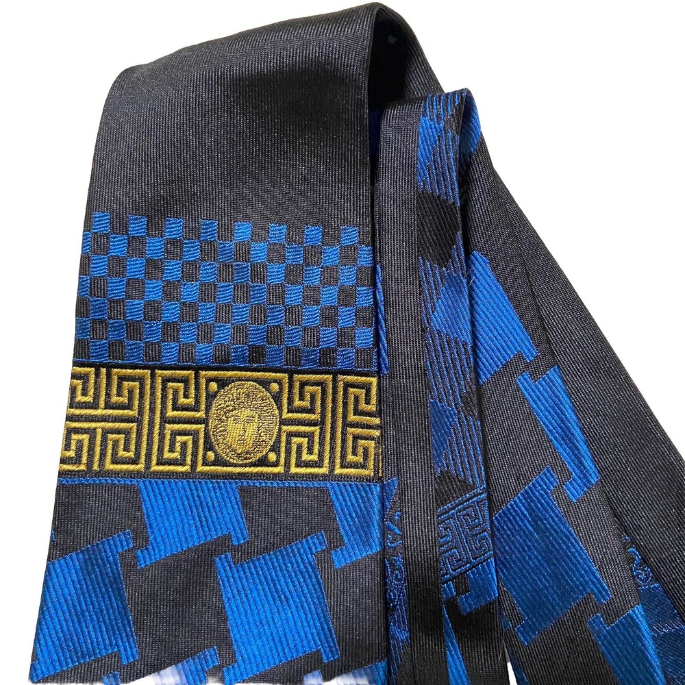 VTG 90s V2 By Versace Gold Medusa Logo Men's Silk Tie Black Blue Check Luxe